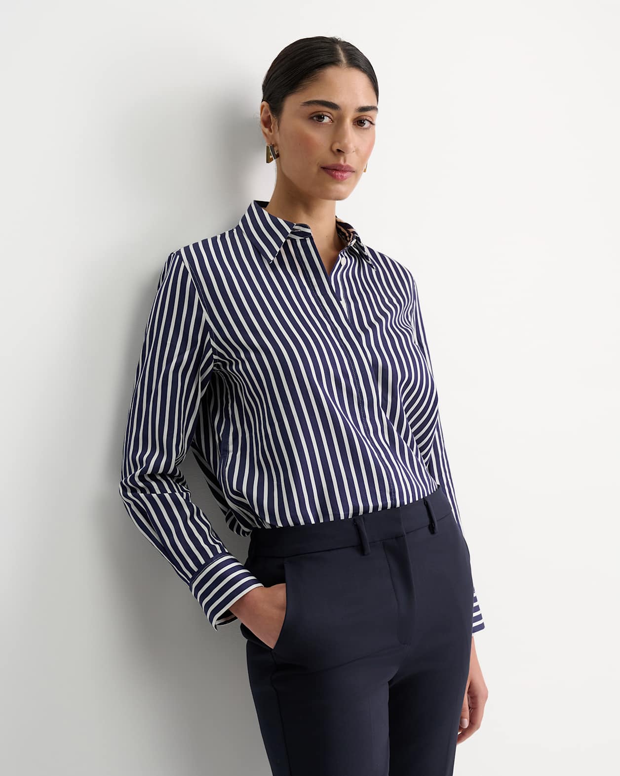 Hannah Stripe Cotton Silk Shirt in WHITE/NAVY