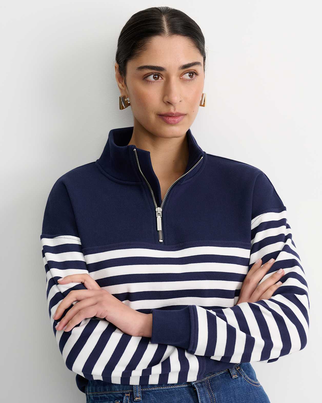 SC Stripe Quarter Zip Sweat in NAVY/WHITE