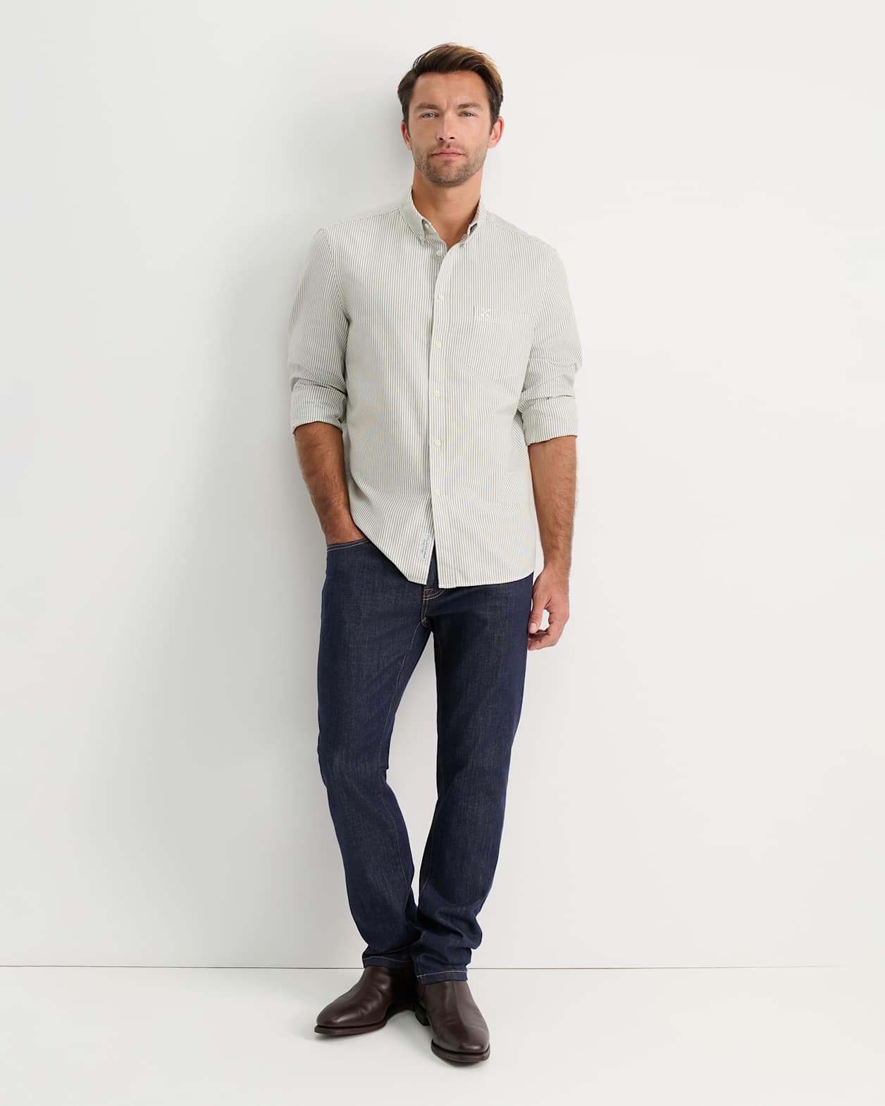 Oxford Stripe Long Sleeve Shirt in KHAKI