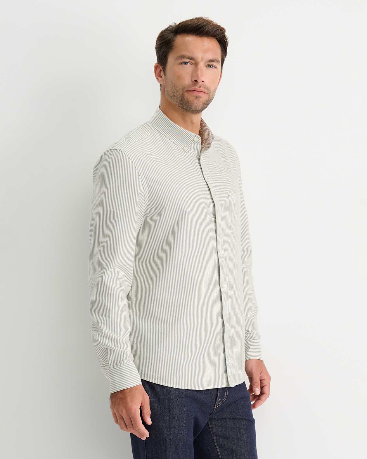 Oxford Stripe Long Sleeve Shirt in KHAKI