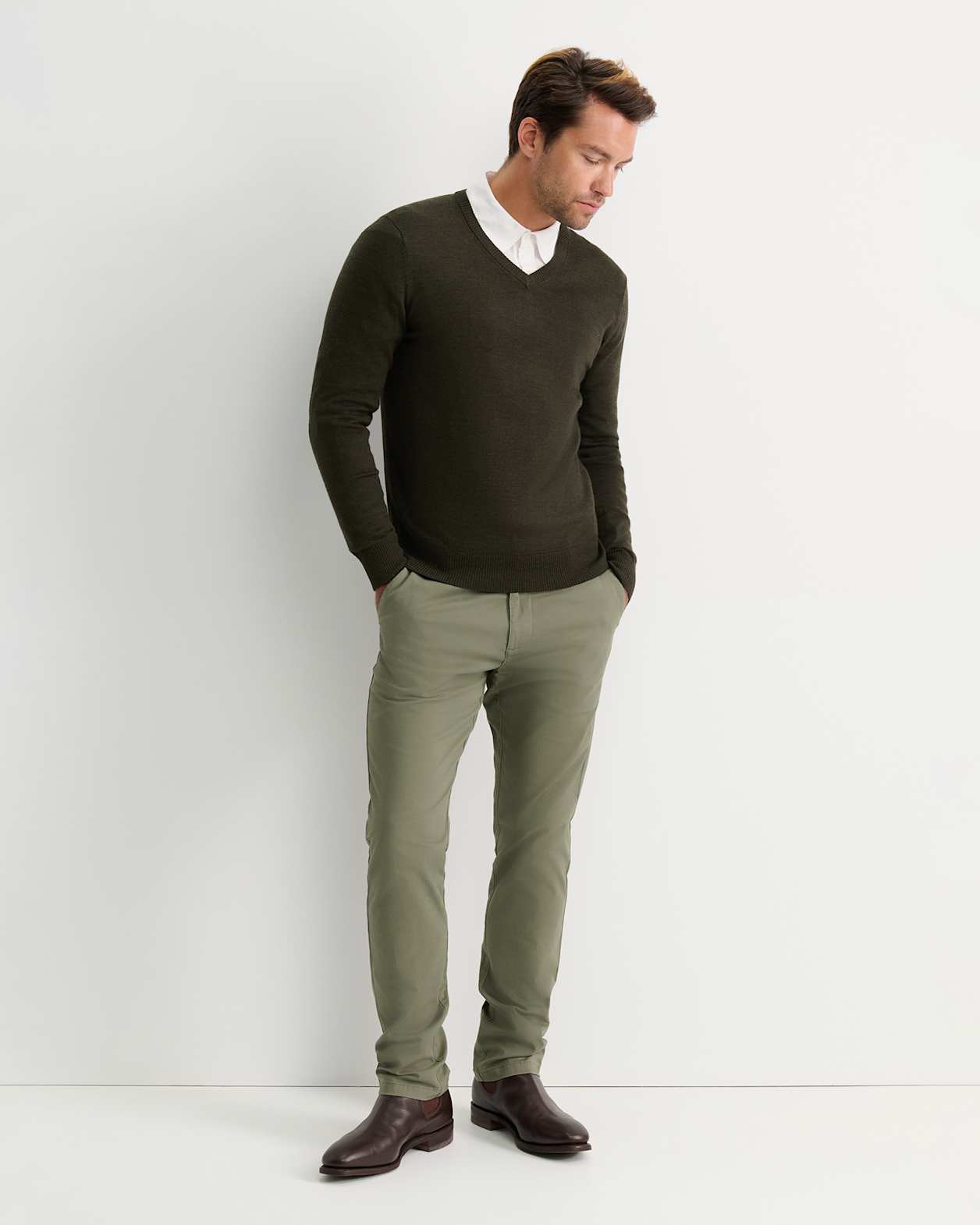 Merino V-Neck Knit in DARK KHAKI
