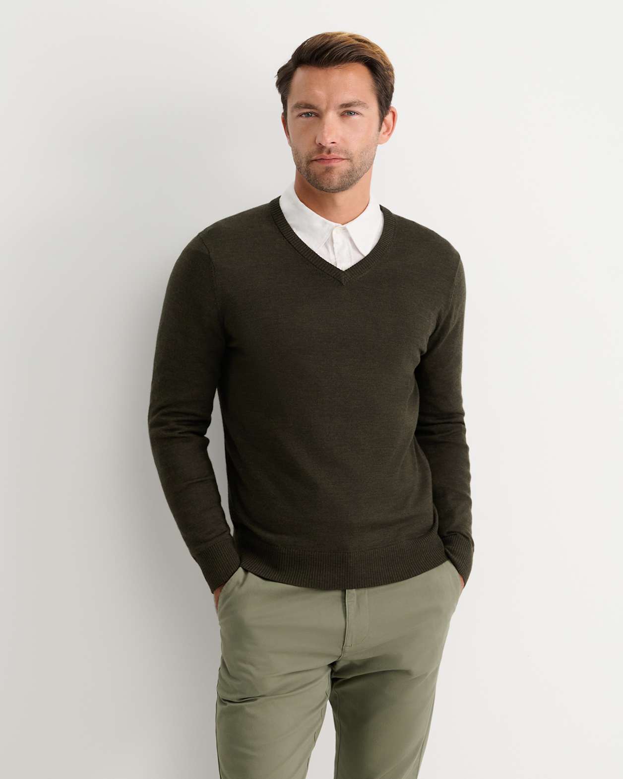 Merino V-Neck Knit in DARK KHAKI