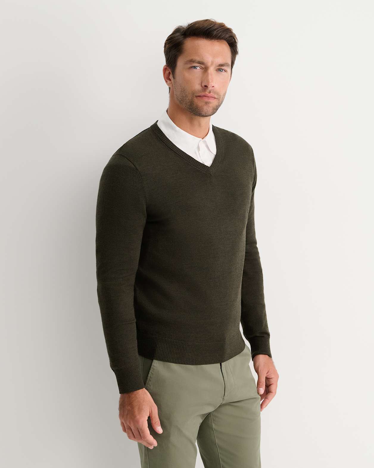 Merino V-Neck Knit in DARK KHAKI