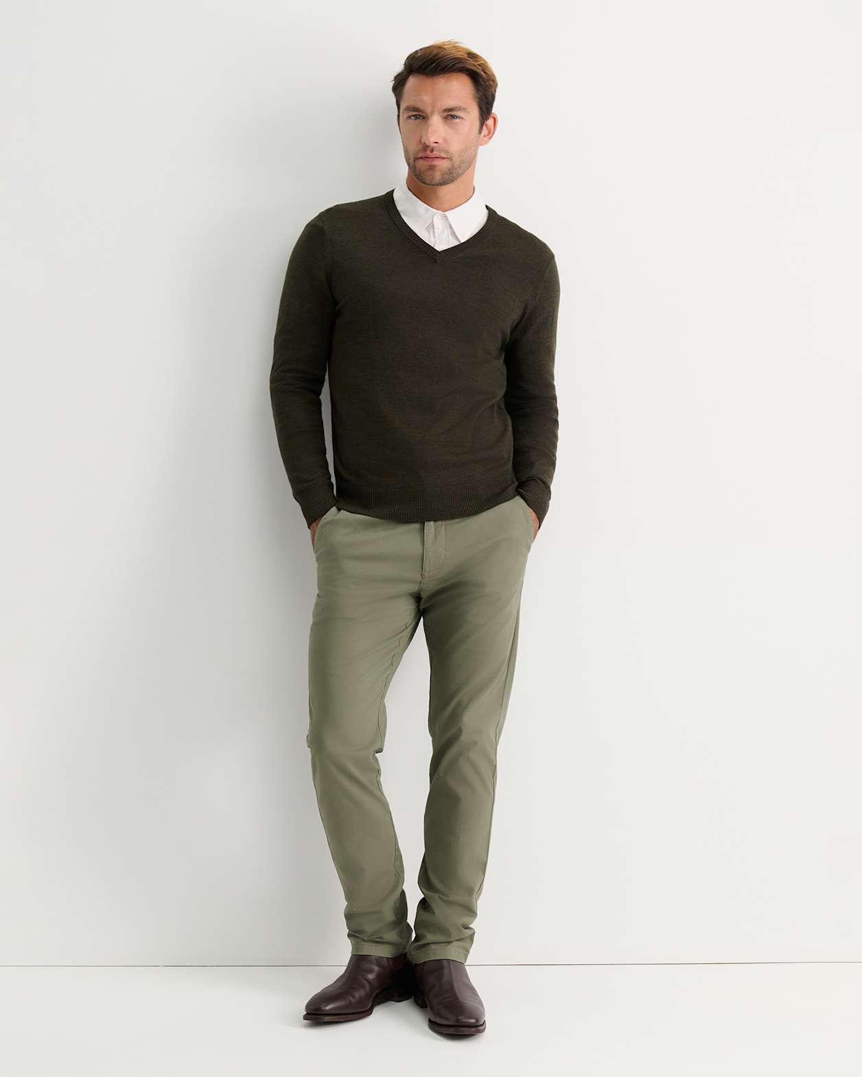 Merino V-Neck Knit in DARK KHAKI