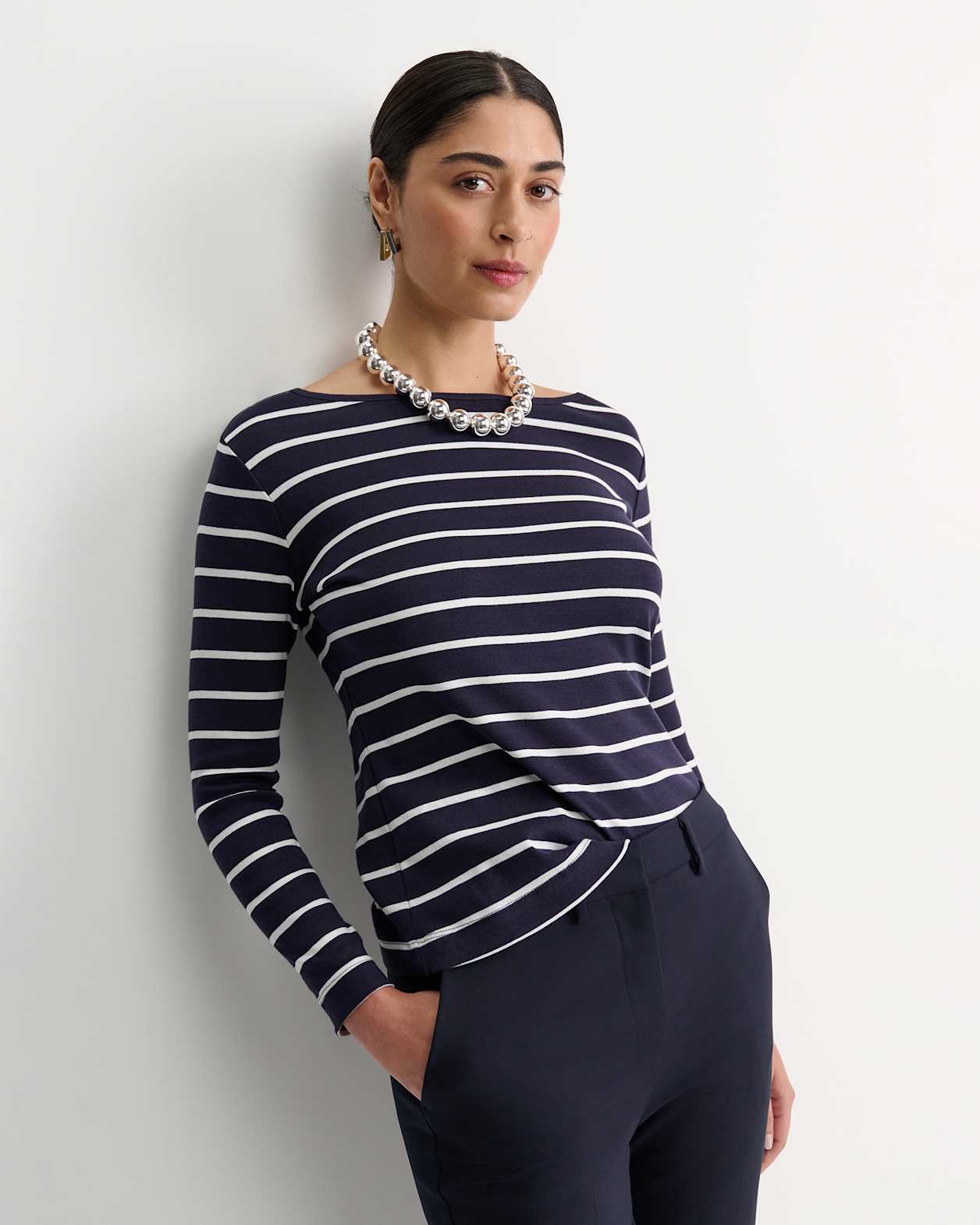 Heidi Long Sleeve Rib Tee in NAVY/WHITE