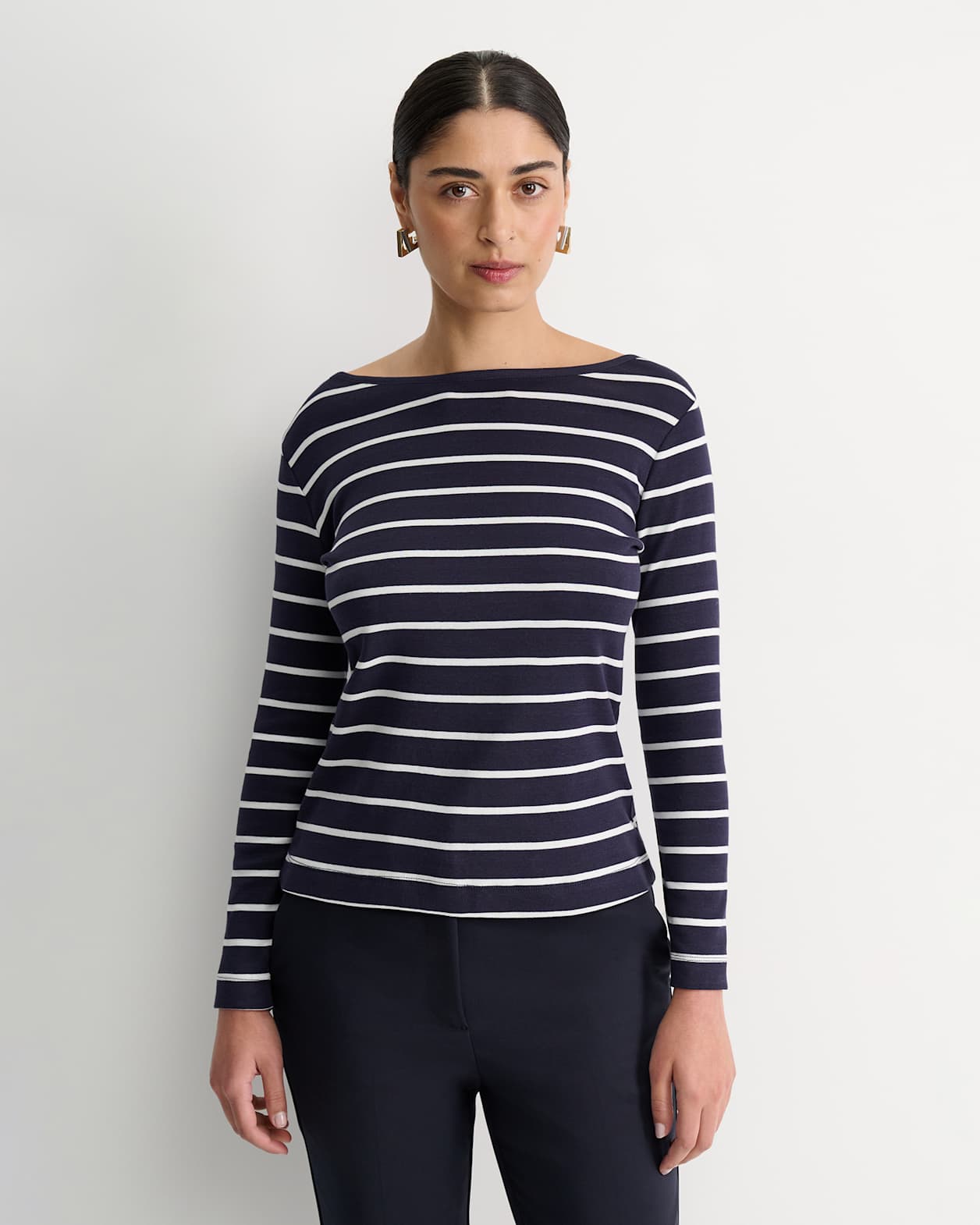 Heidi Long Sleeve Rib Tee in NAVY/WHITE