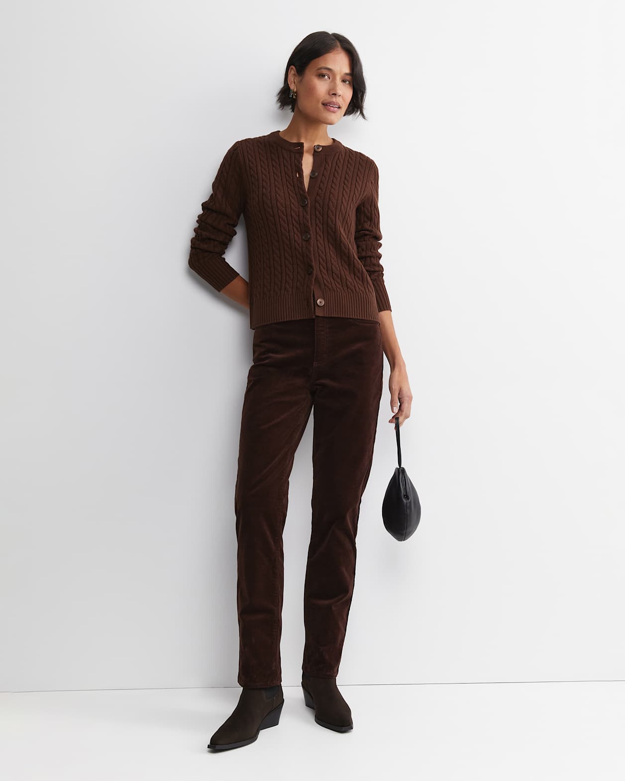 Cable Merino Cotton Cardigan in CHOCOLATE