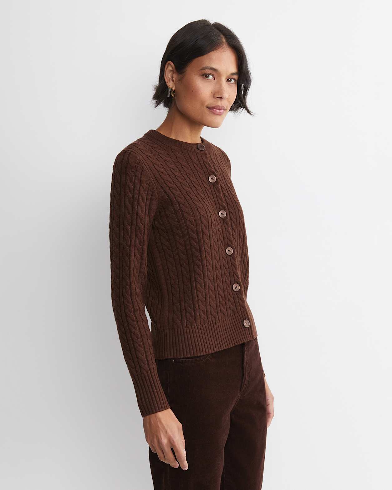 Cable Merino Cotton Cardigan in CHOCOLATE