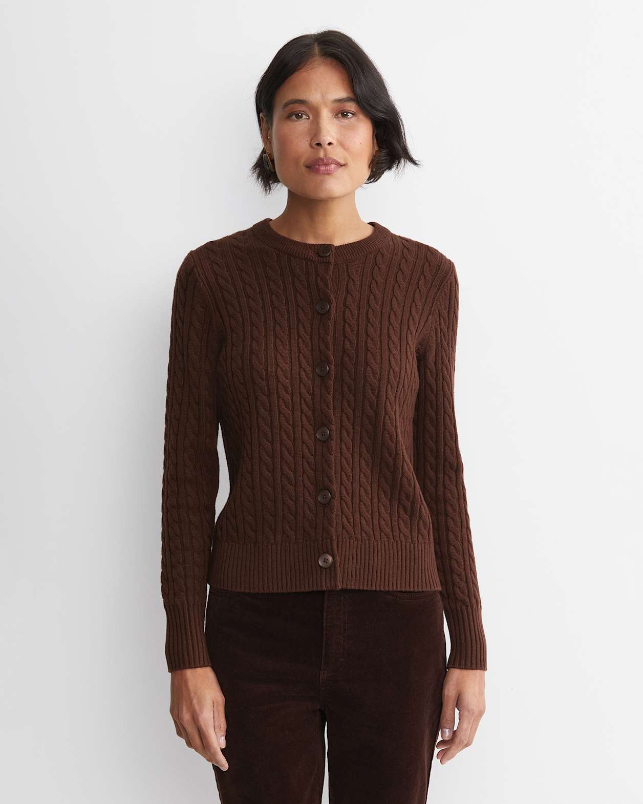 Cable Merino Cotton Cardigan in CHOCOLATE