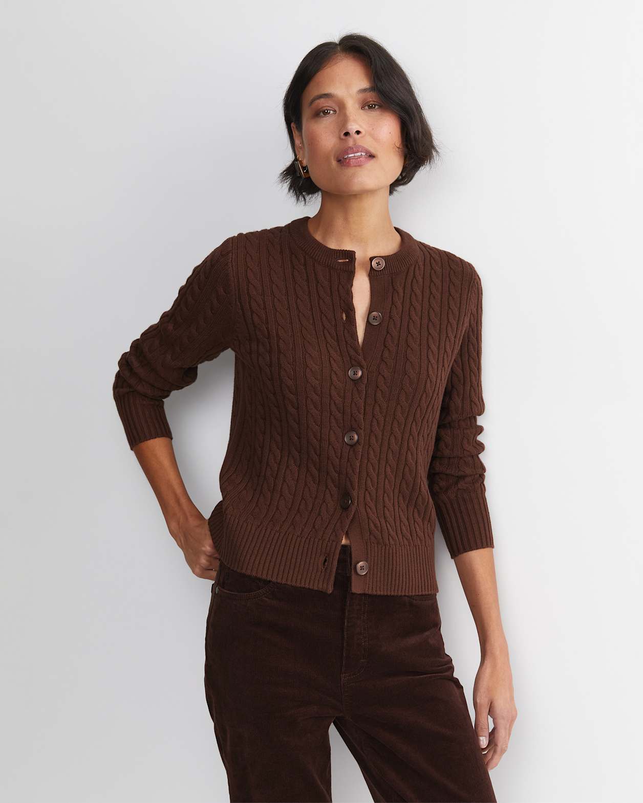 Cable Merino Cotton Cardigan in CHOCOLATE