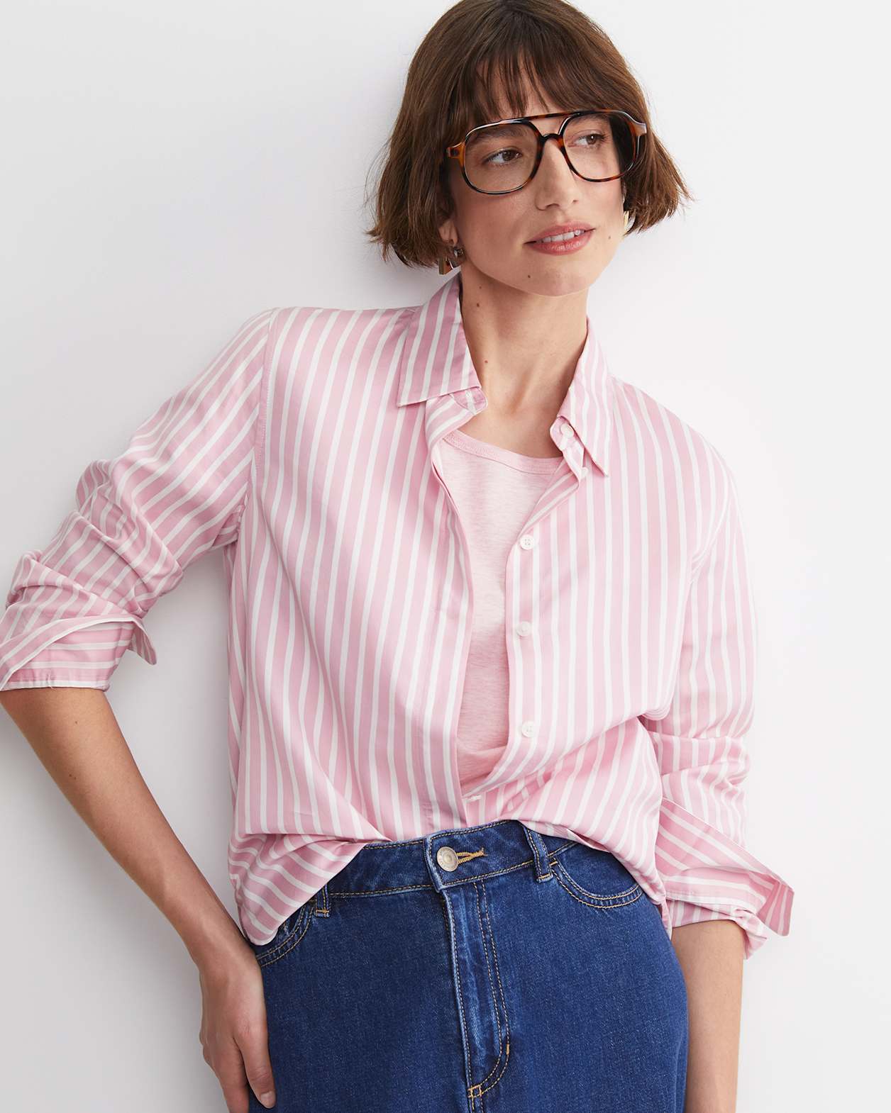Hannah Stripe Cotton Silk Shirt in WHITE/PINK