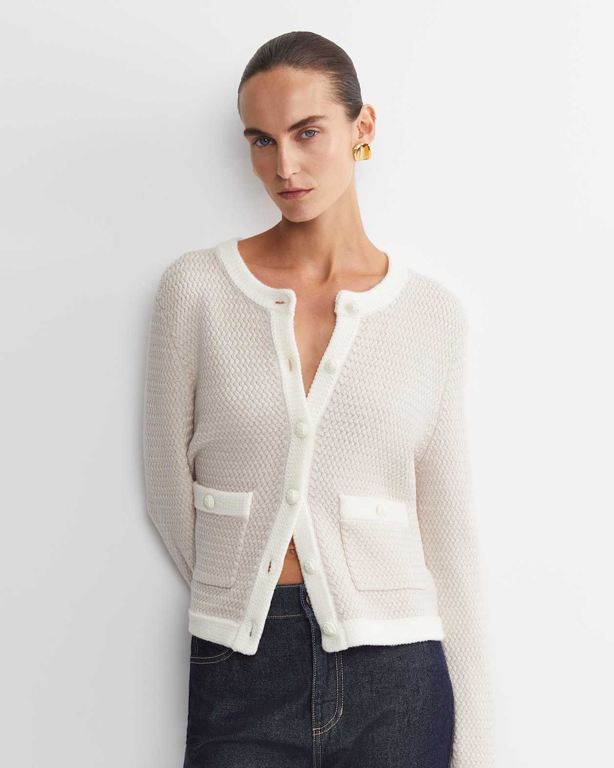 Joyce Merino Wool Cardigan in CHALK