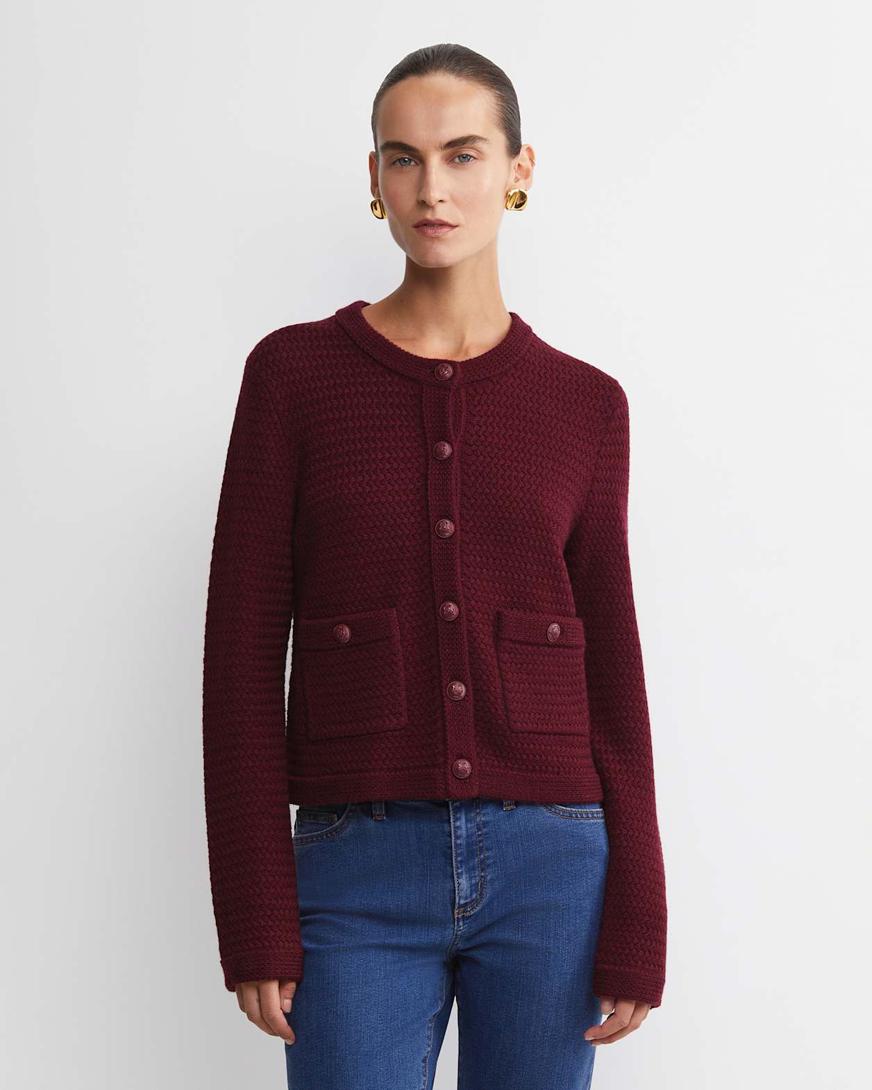 Joyce Merino Wool Cardigan in WINE