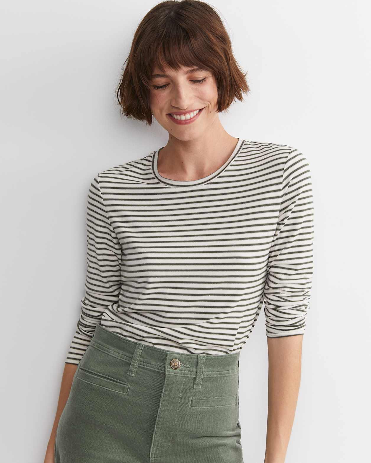 Stripe Lurex Long Sleeve Magic Tee in WHITE/KHAKI