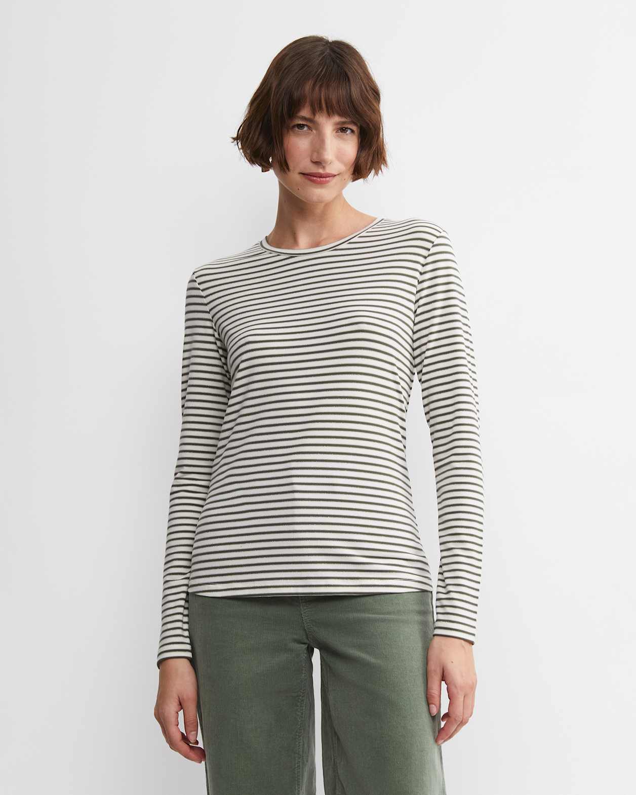 Stripe Lurex Long Sleeve Magic Tee in WHITE/KHAKI