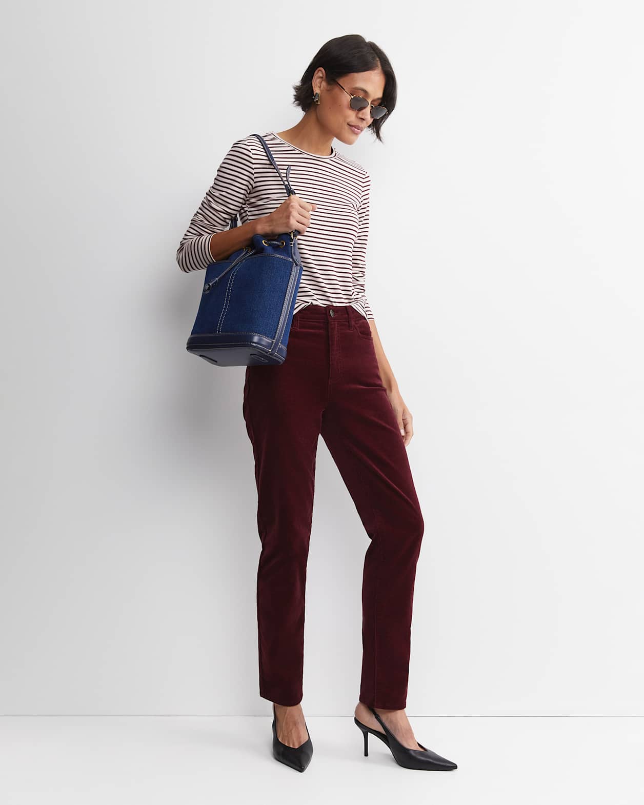 Stripe Lurex Long Sleeve Magic Tee in WINE