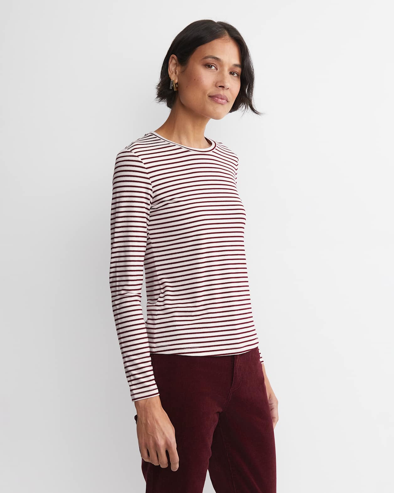 Stripe Lurex Long Sleeve Magic Tee in WINE