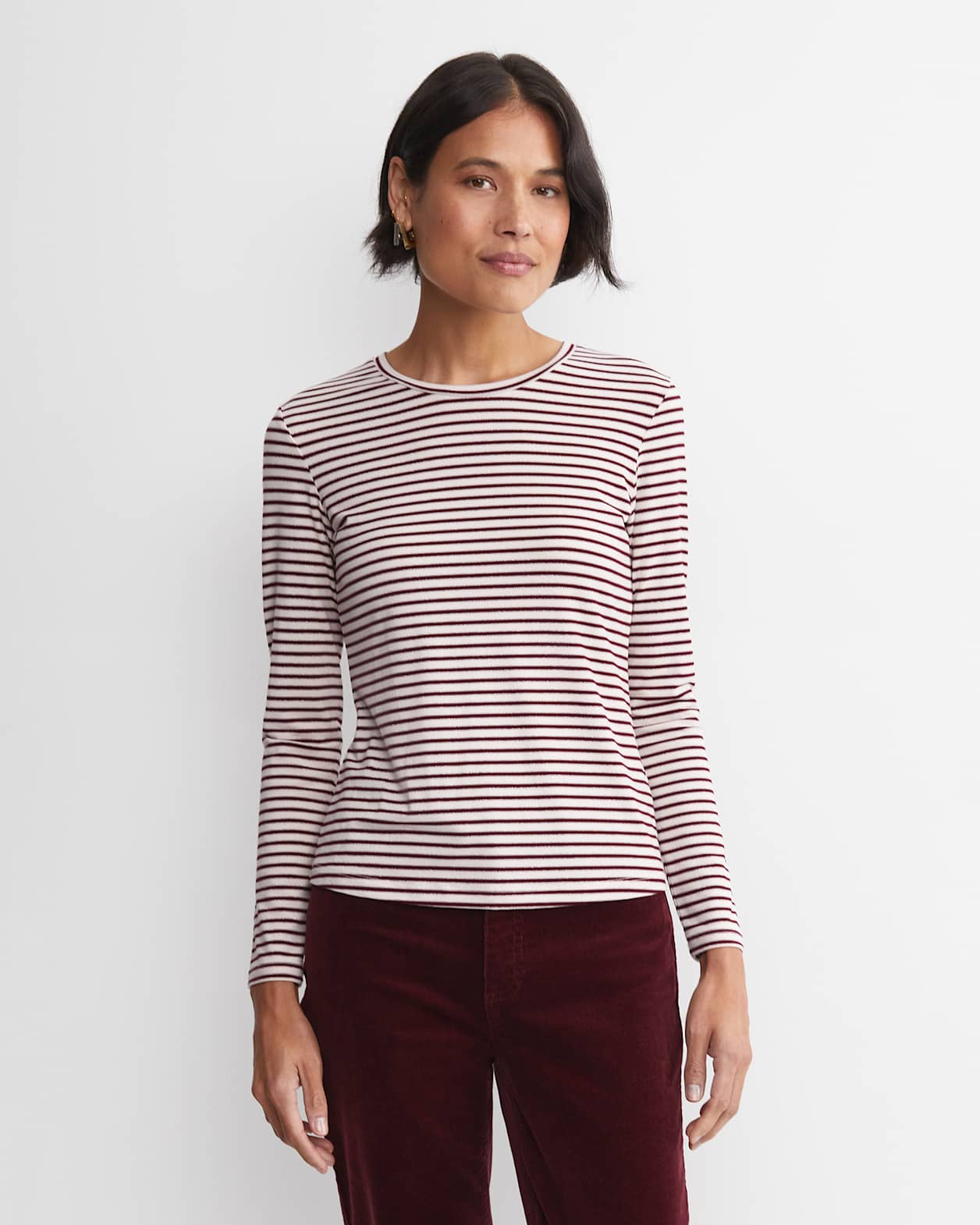 Stripe Lurex Long Sleeve Magic Tee in WINE