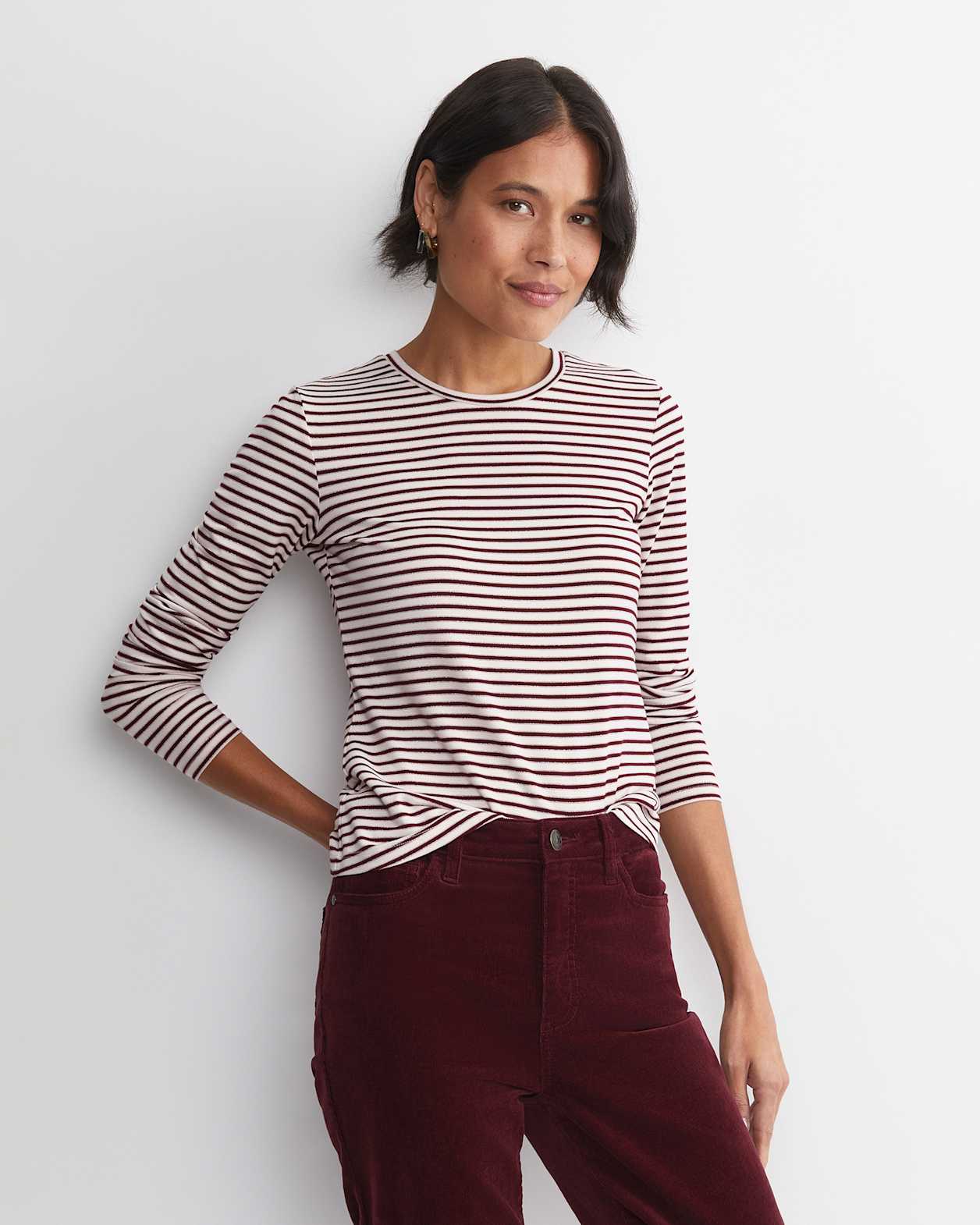 Stripe Lurex Long Sleeve Magic Tee in WINE