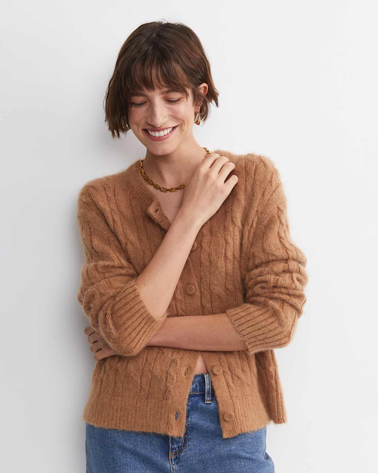 Tatiana Mohair Cable Cardigan in CAMEL