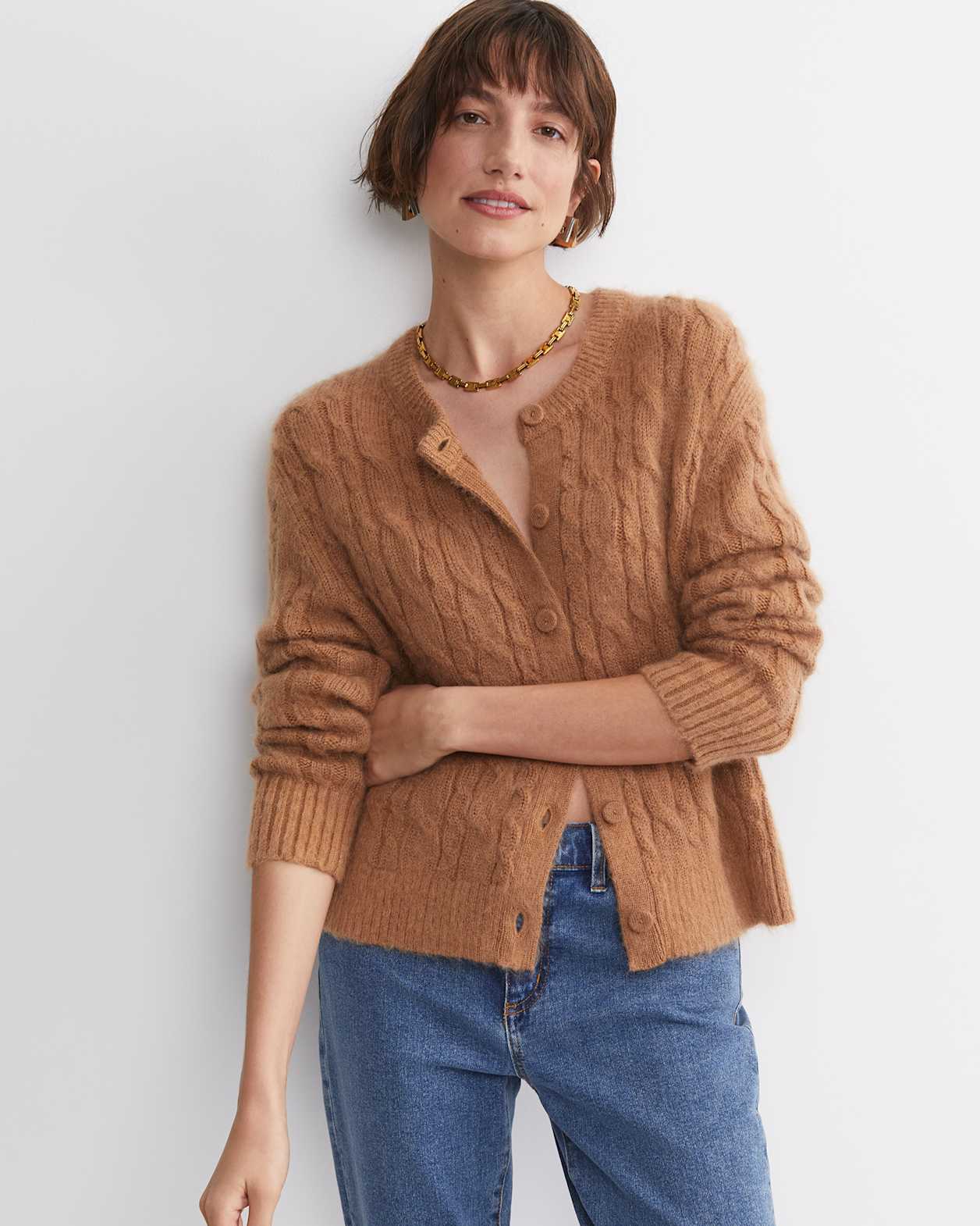 Tatiana Mohair Cable Cardigan in CAMEL