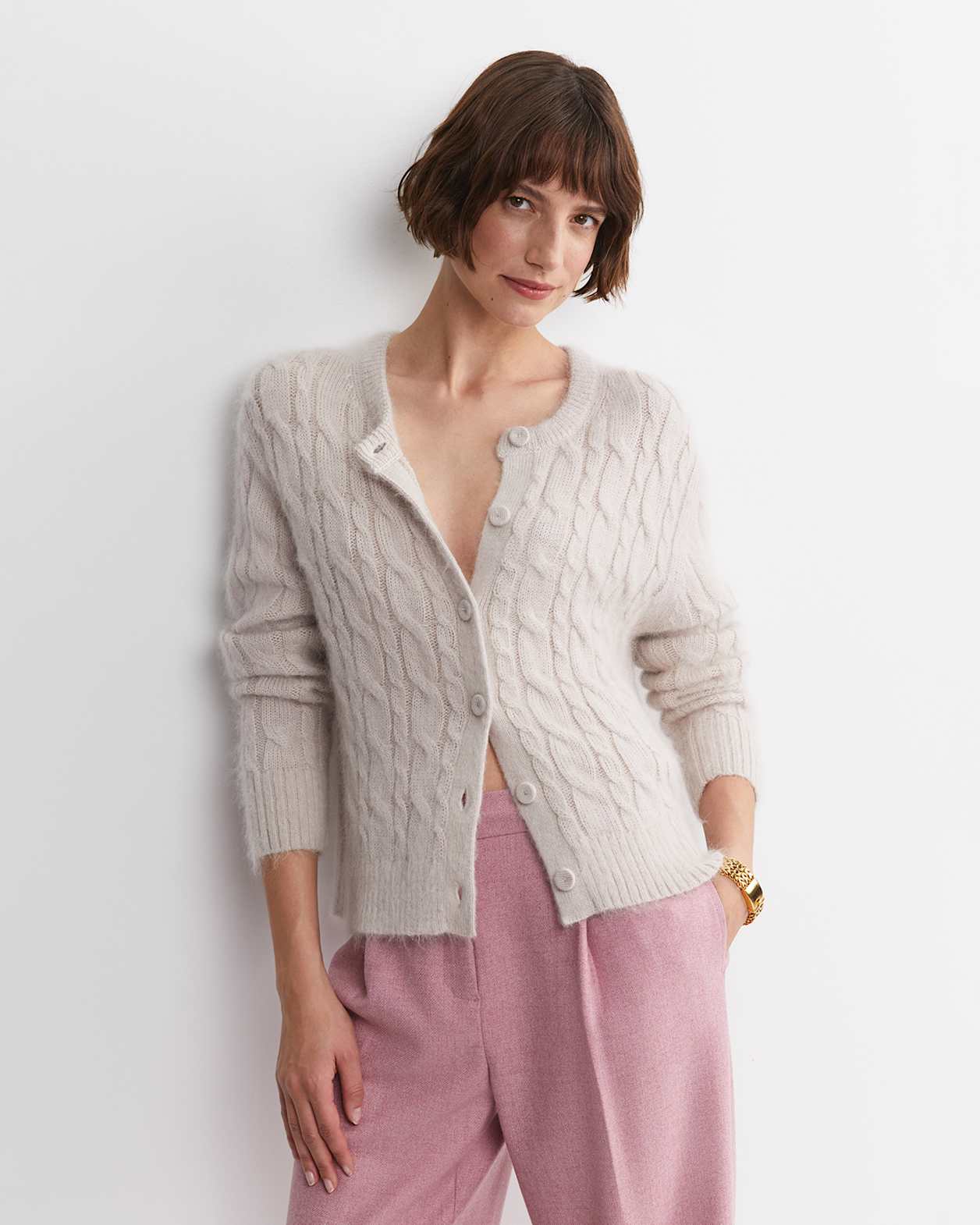 Tatiana Mohair Cable Cardigan in OATMEAL