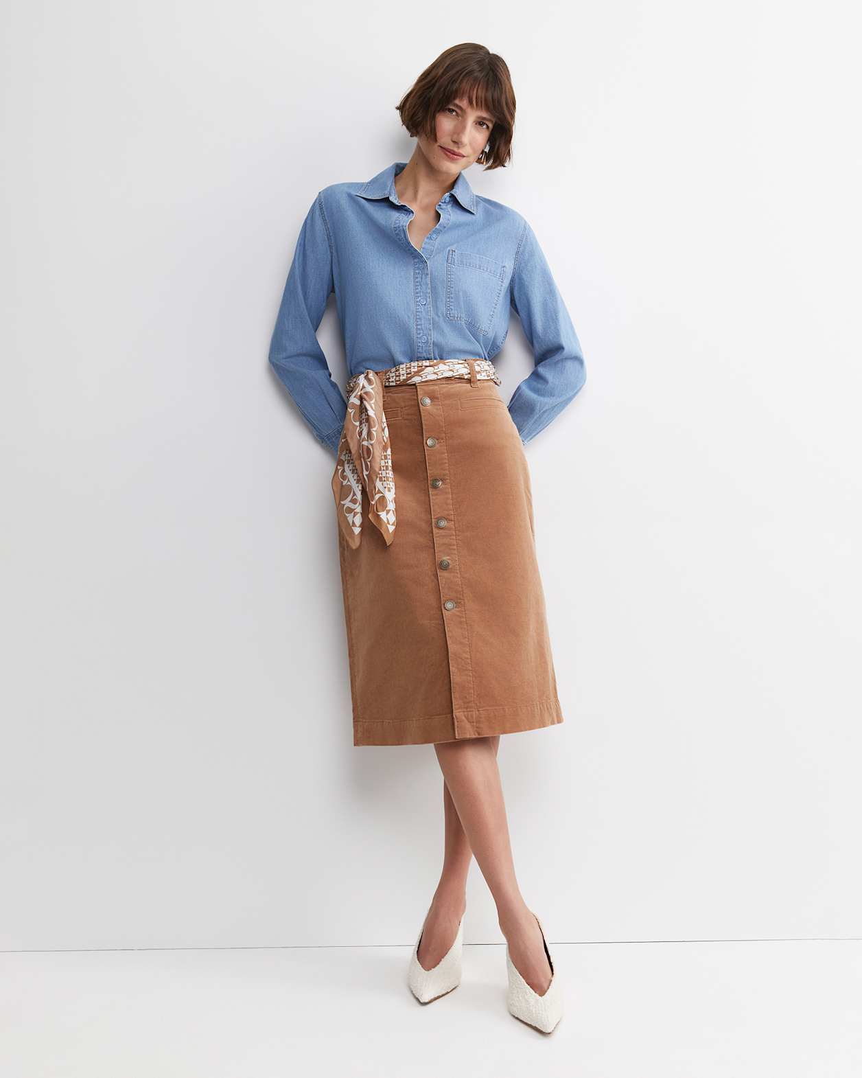 Cleo Cord Midi Skirt in CAMEL