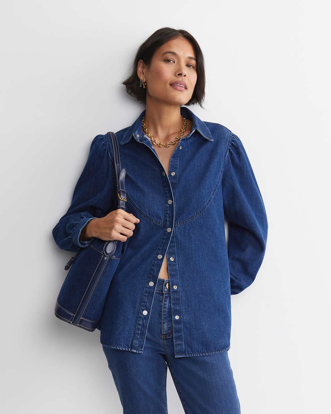 Kali Long Sleeve Denim Blouse in DENIM MID WASH
