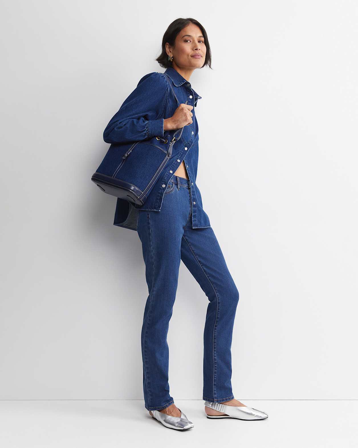 Kali Long Sleeve Denim Blouse in DENIM MID WASH