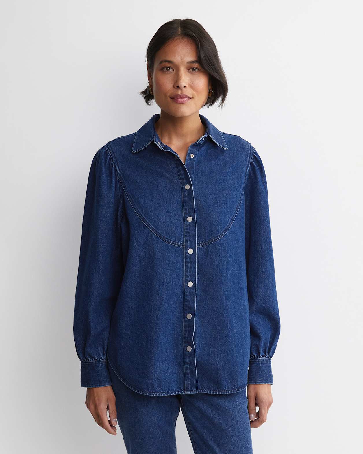 Kali Long Sleeve Denim Blouse in DENIM MID WASH
