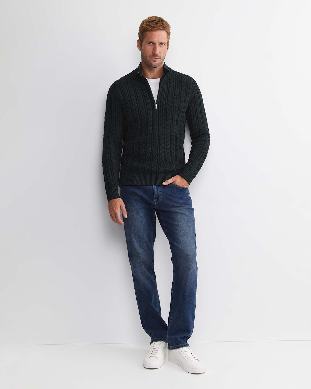 Joshua Cable Quarter Zip Knit in FOREST