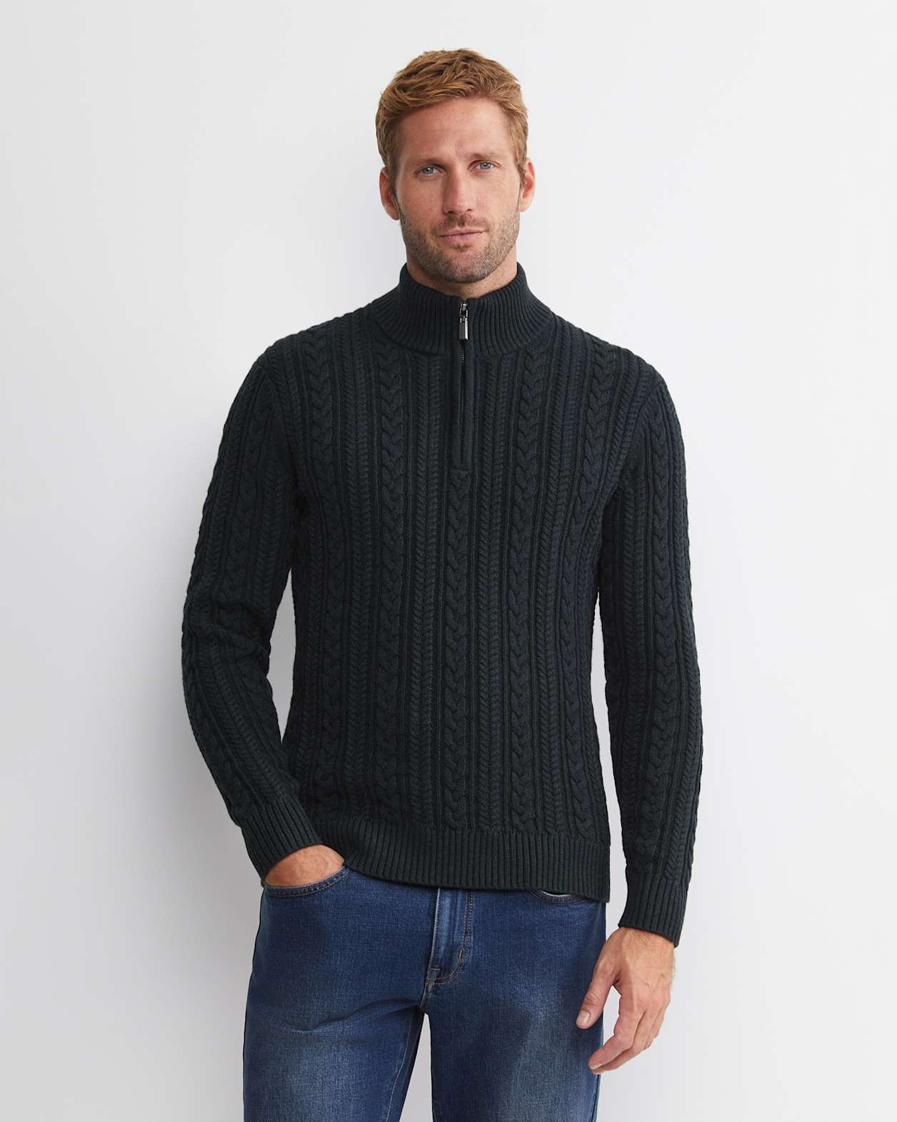 Joshua Cable Quarter Zip Knit in FOREST
