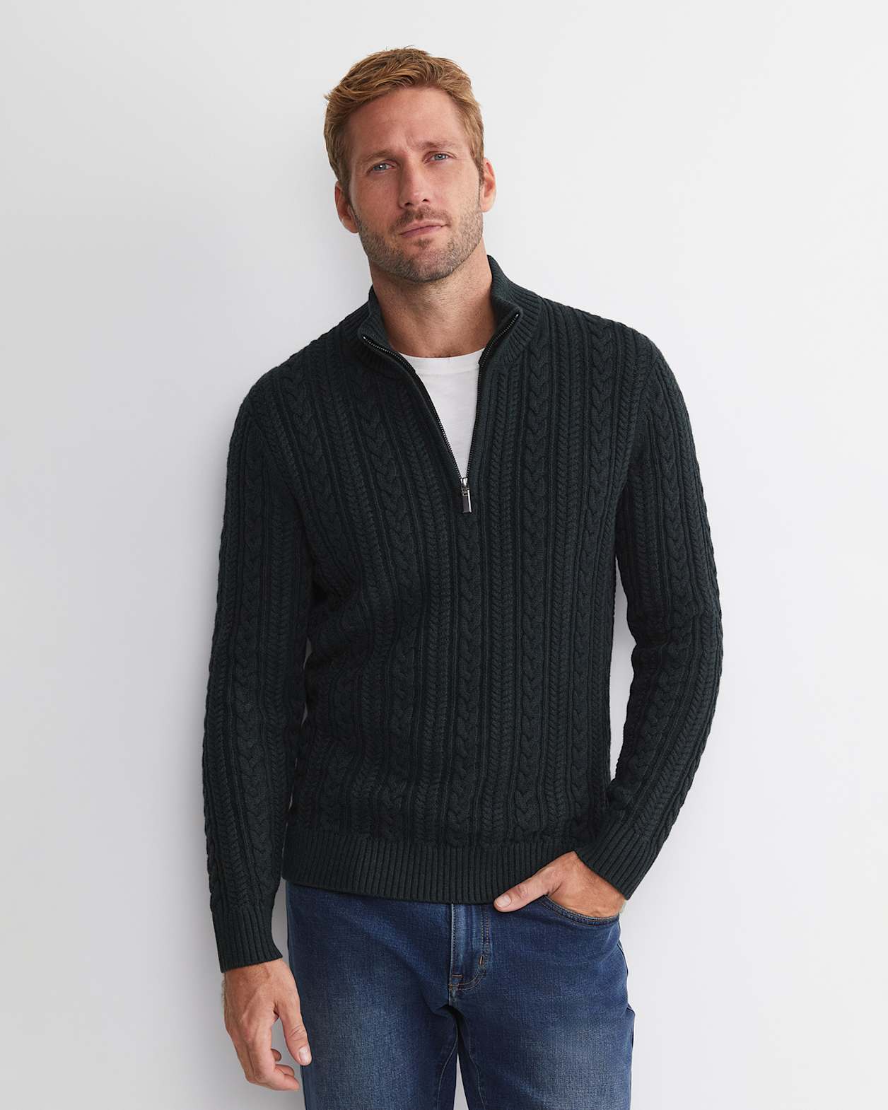 Joshua Cable Quarter Zip Knit in FOREST