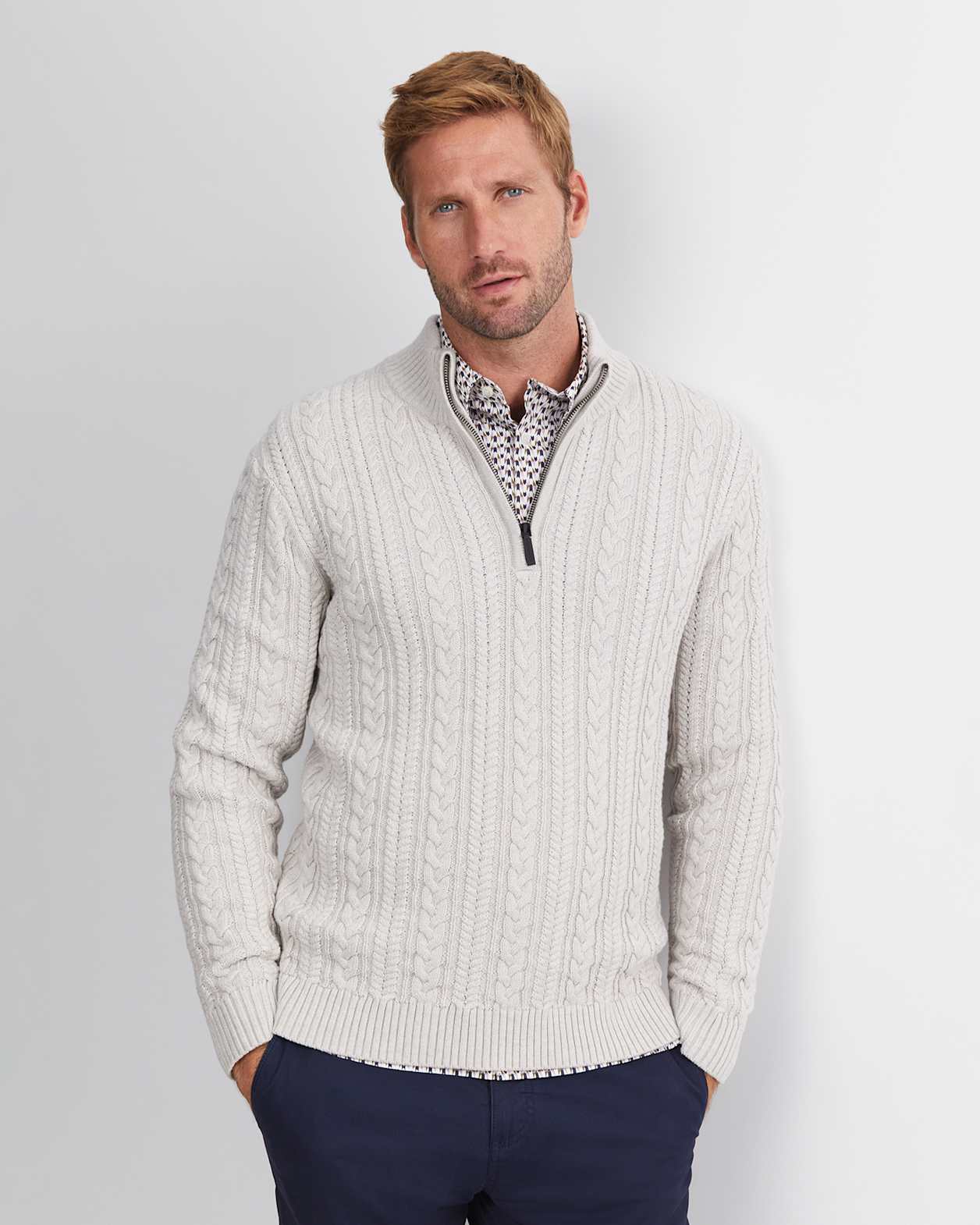 Joshua Cable Quarter Zip Knit in OATMEAL