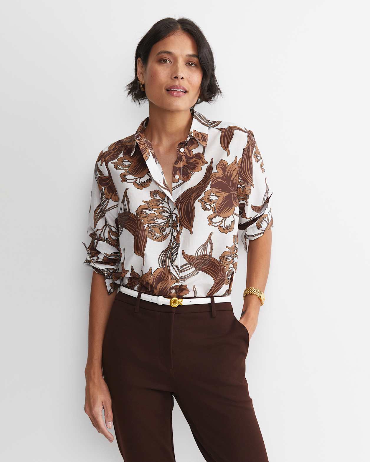 Zinnia Cotton Silk Shirt in IVORY/BROWN