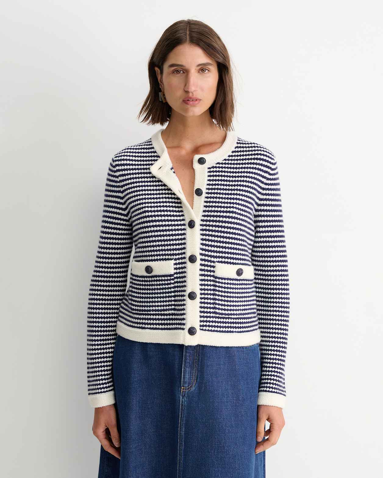 Joyce Merino Wool Cardigan in NAVY/WHITE