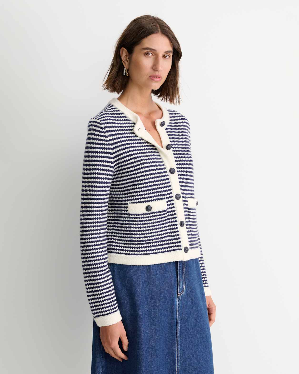 Joyce Merino Wool Cardigan in NAVY/WHITE