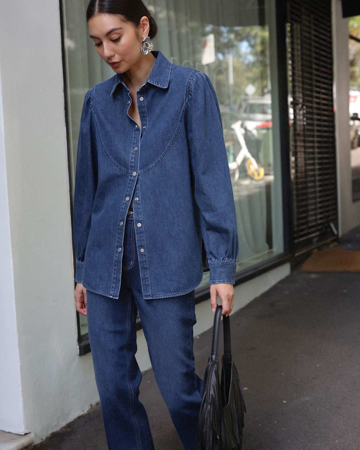 Kali Long Sleeve Denim Blouse in DENIM MID WASH