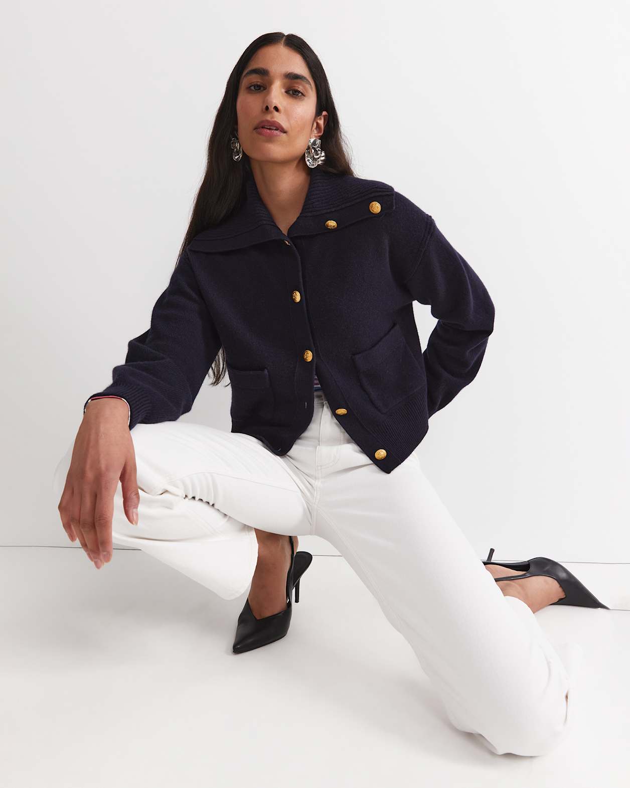 Sunshine Collared Merino Cardigan in NAVY