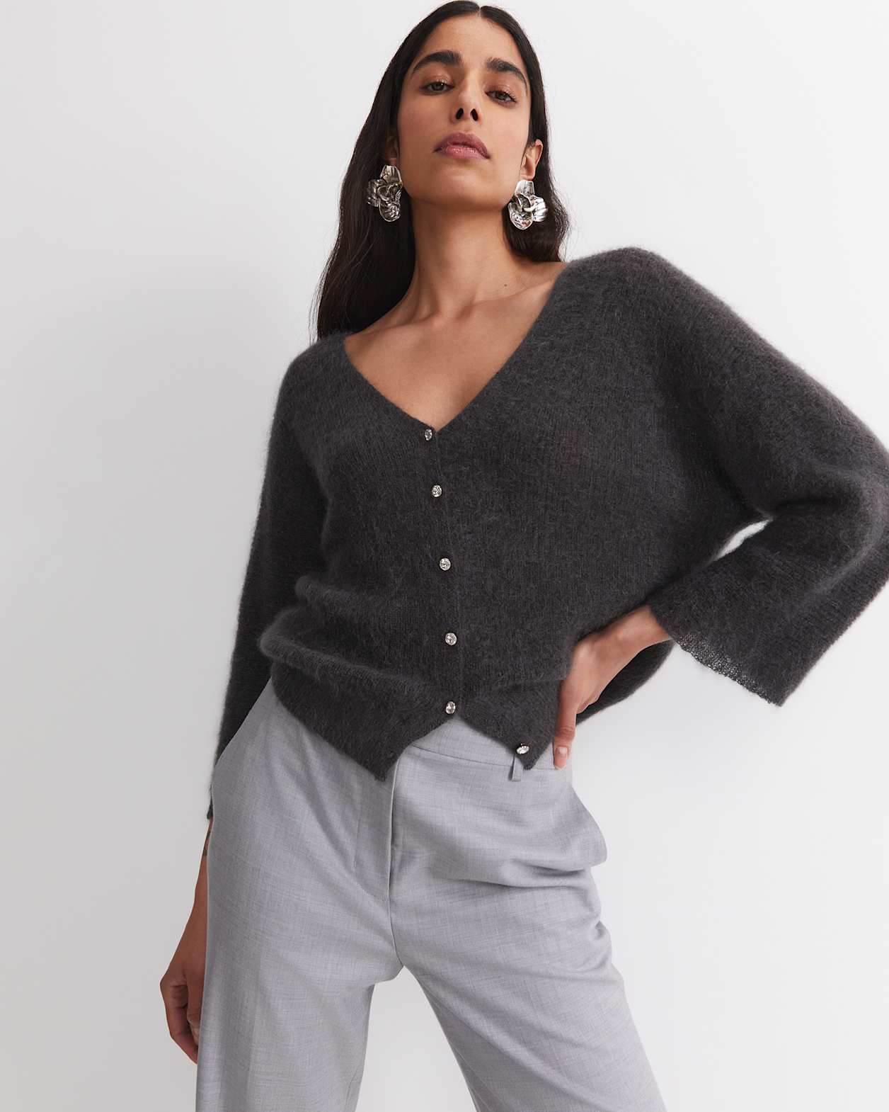 Tatiana Mohair Cropped Cardigan in CHARCOAL