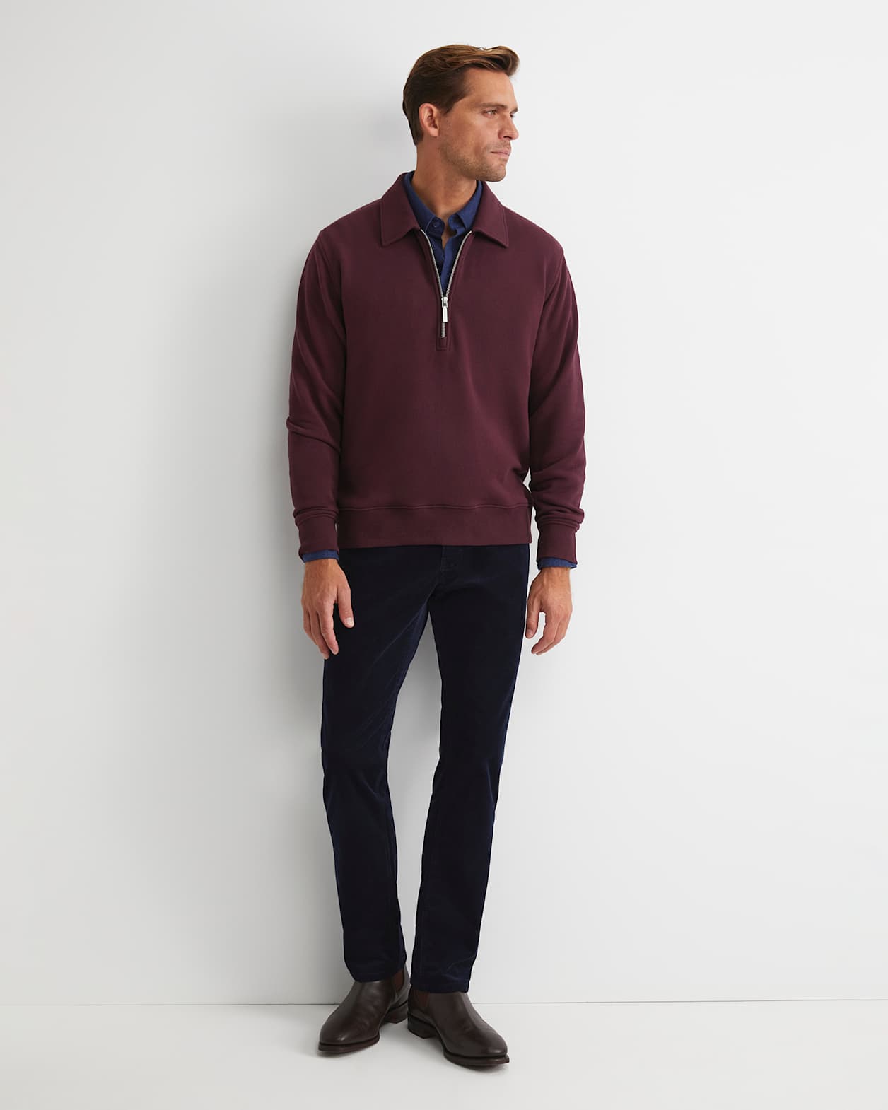 Collared Zip Sweat in BURGUNDY