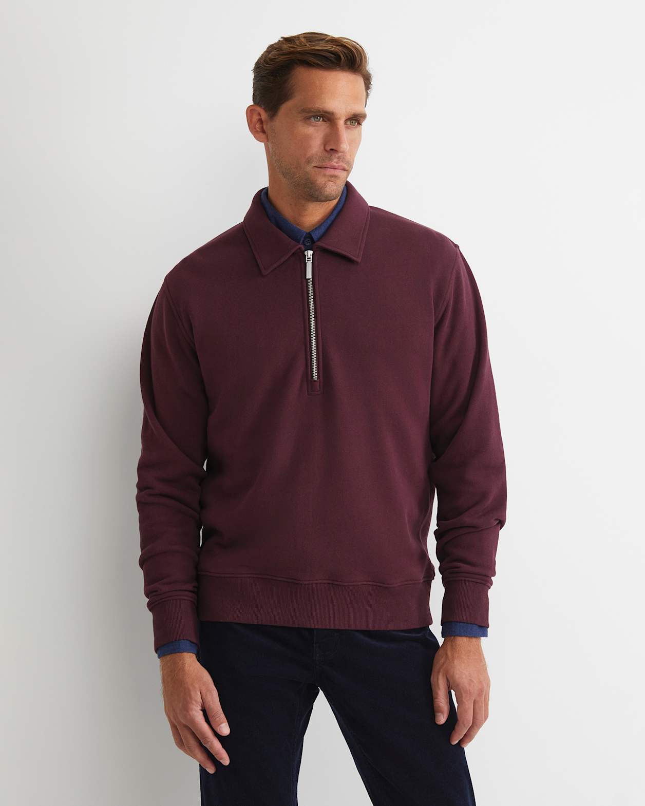 Collared Zip Sweat in BURGUNDY