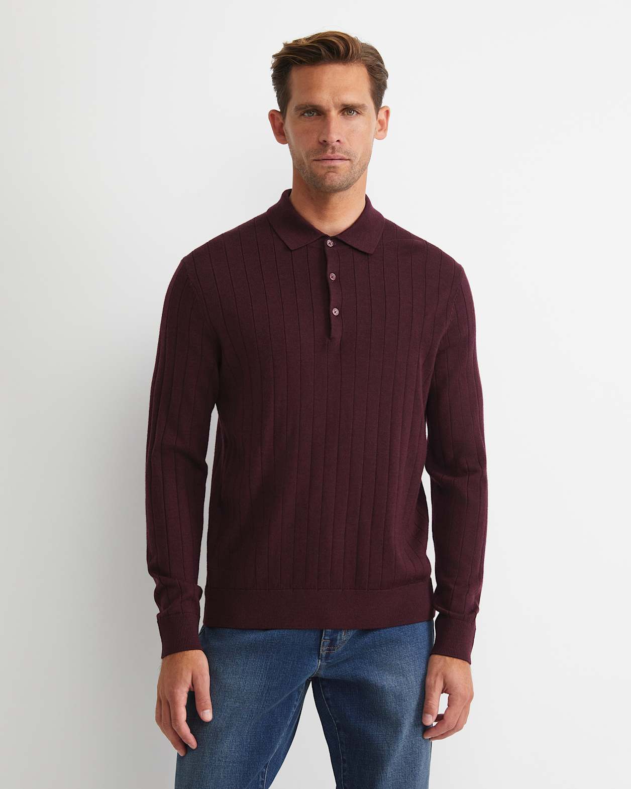 Angus Merino Long Sleeve Knit Polo in BURGUNDY