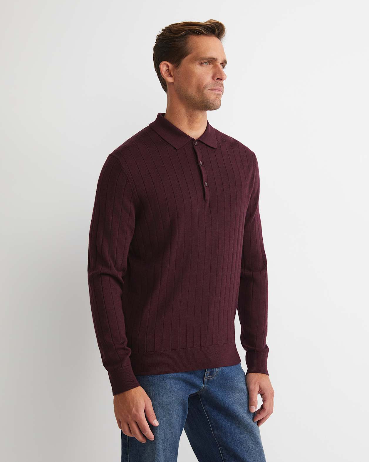 Angus Merino Long Sleeve Knit Polo in BURGUNDY