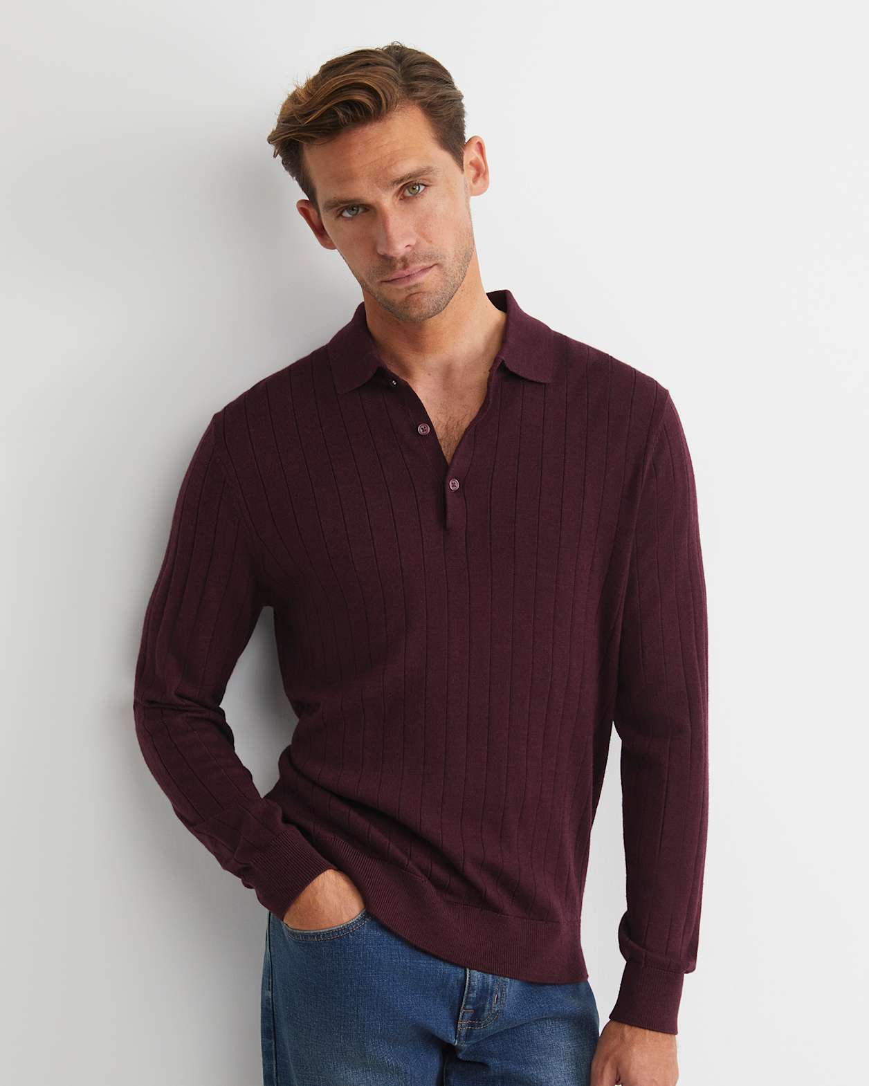 Angus Merino Long Sleeve Knit Polo in BURGUNDY