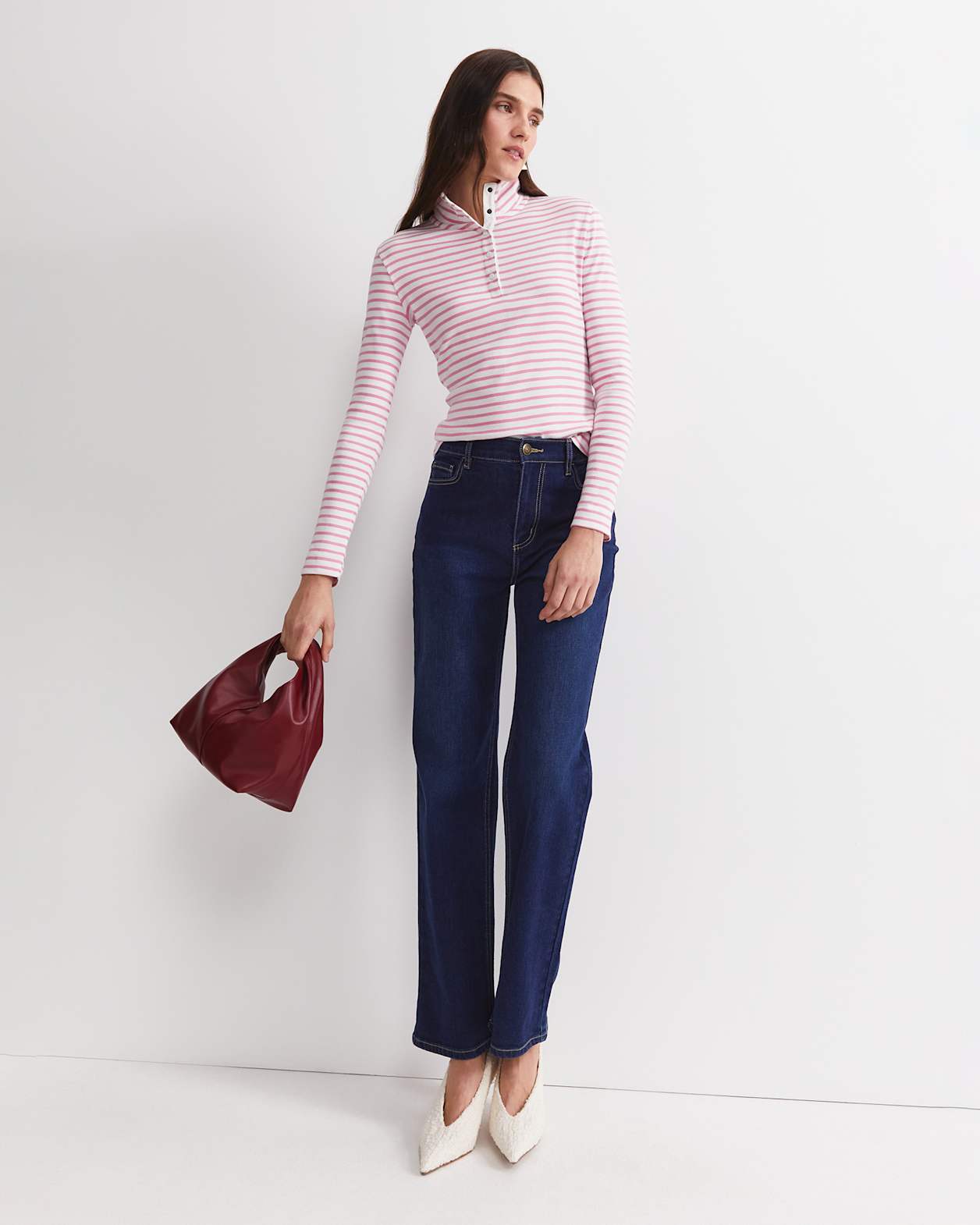 Lucy Snap Funnel Neck Top in WHITE/PINK