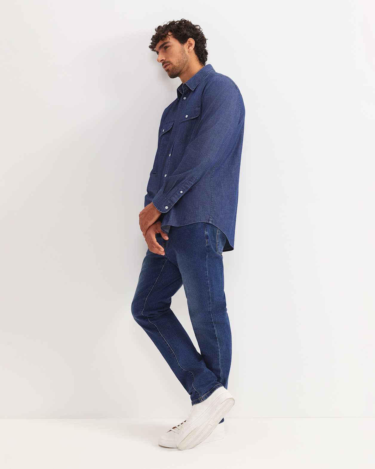 Long Sleeve Denim Shirt in MID WASH