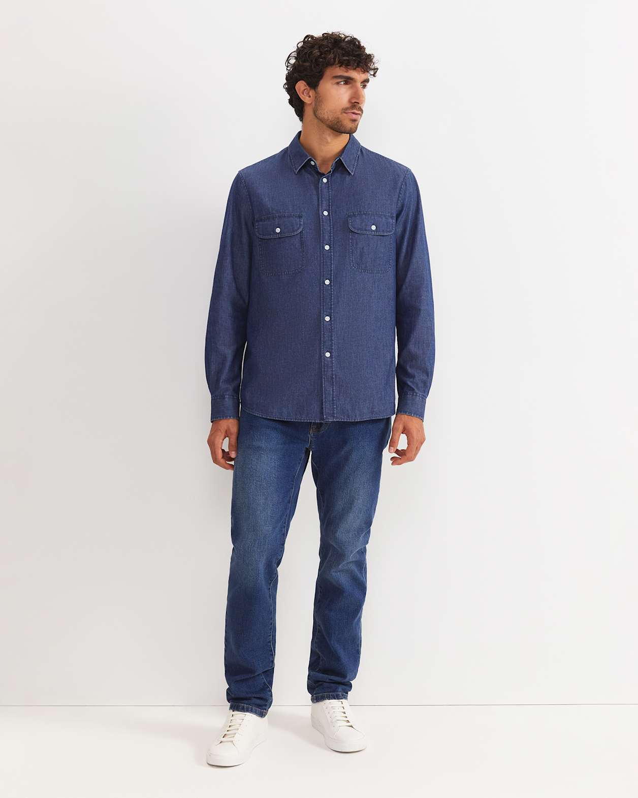 Long Sleeve Denim Shirt in MID WASH