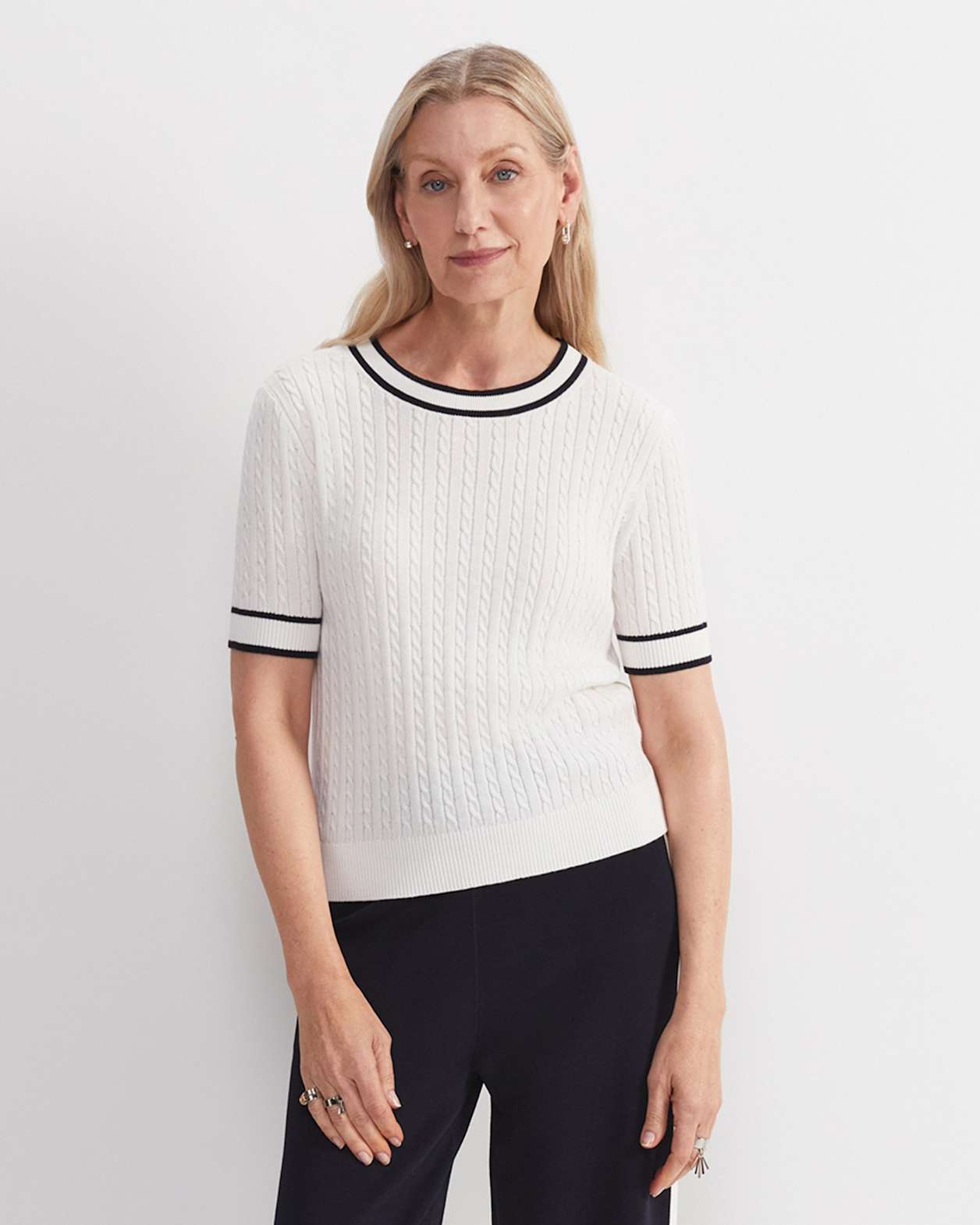 Elka Cable Short Sleeve Knit in WHITE/NAVY