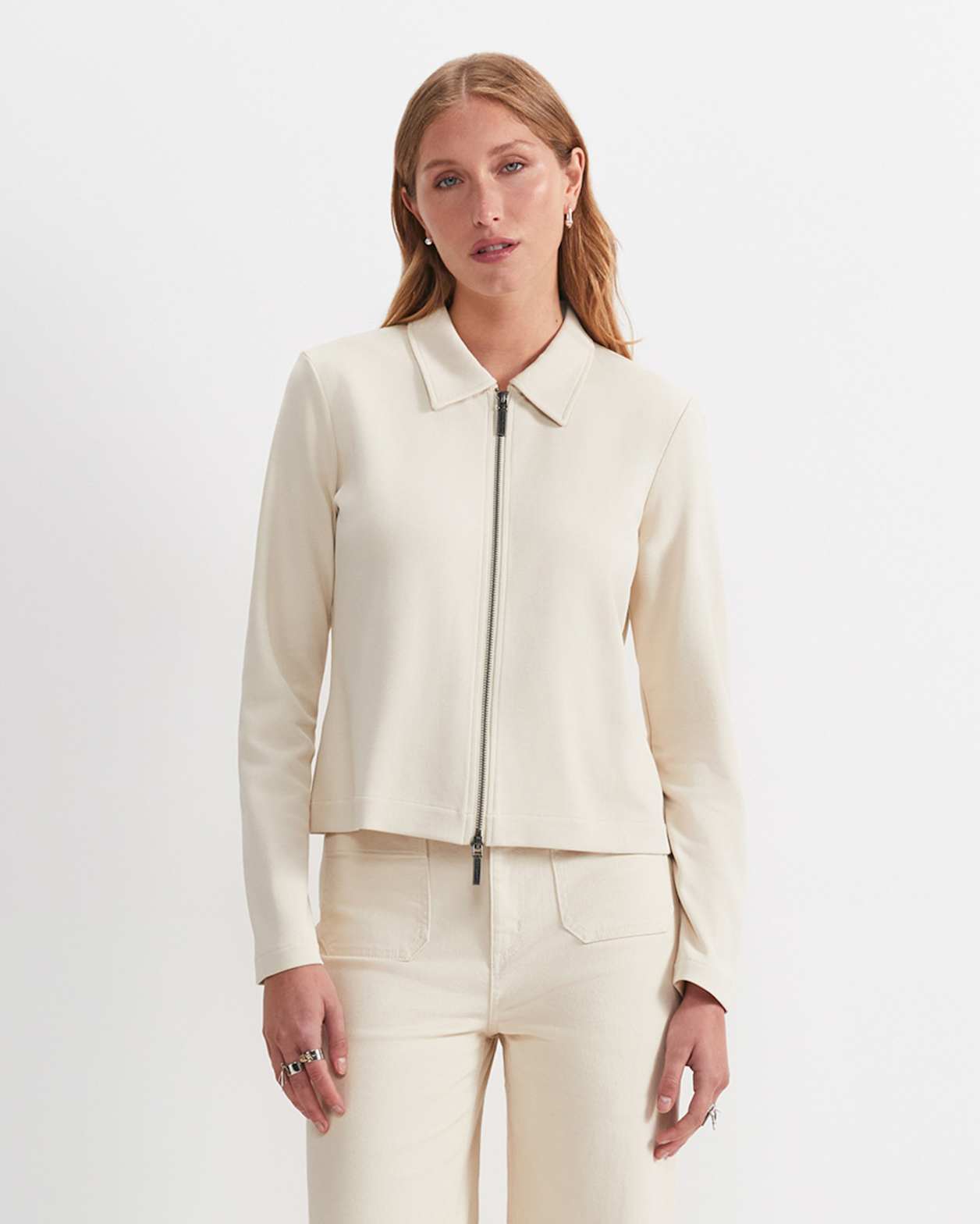 Long Sleeve Zip Through Top in BONE